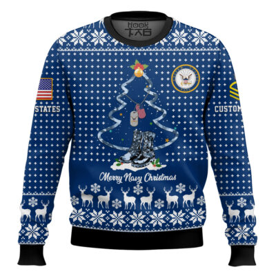 US Navy Merry Christmas - Custom Name And Rank Ugly Sweater