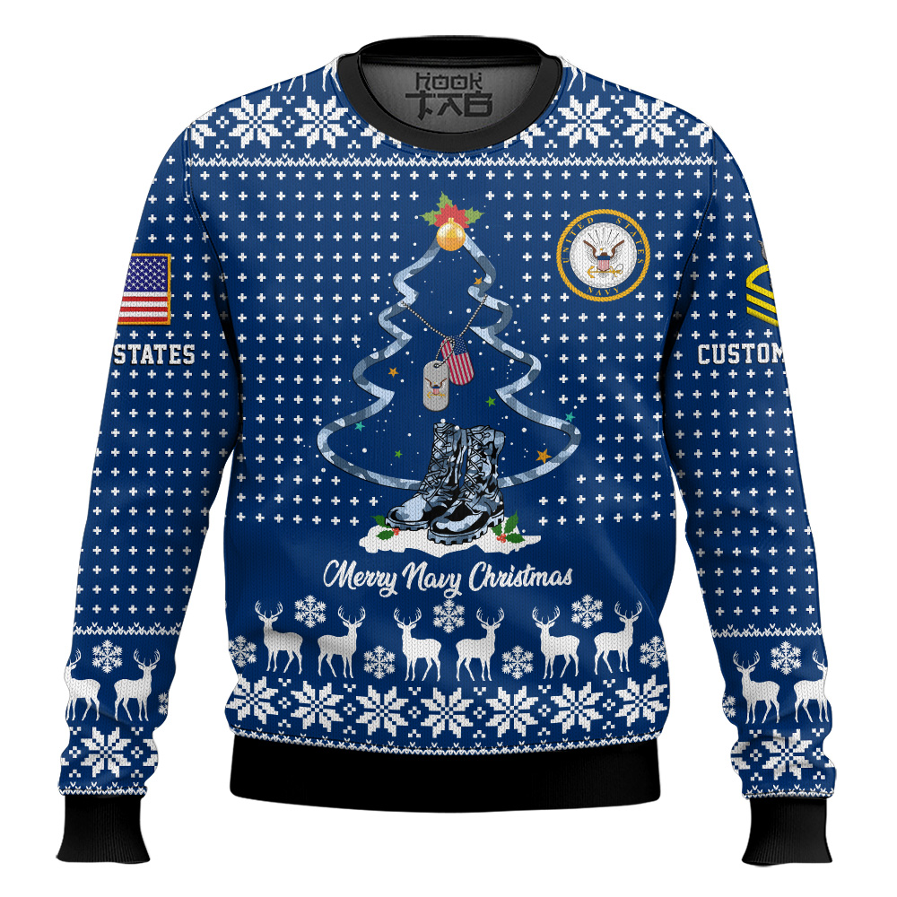 Hooktab US Navy Merry Christmas - Custom Name And Rank Ugly Sweater Hooktab US Navy Merry Christmas - Custom Name And Rank Ugly Sweater