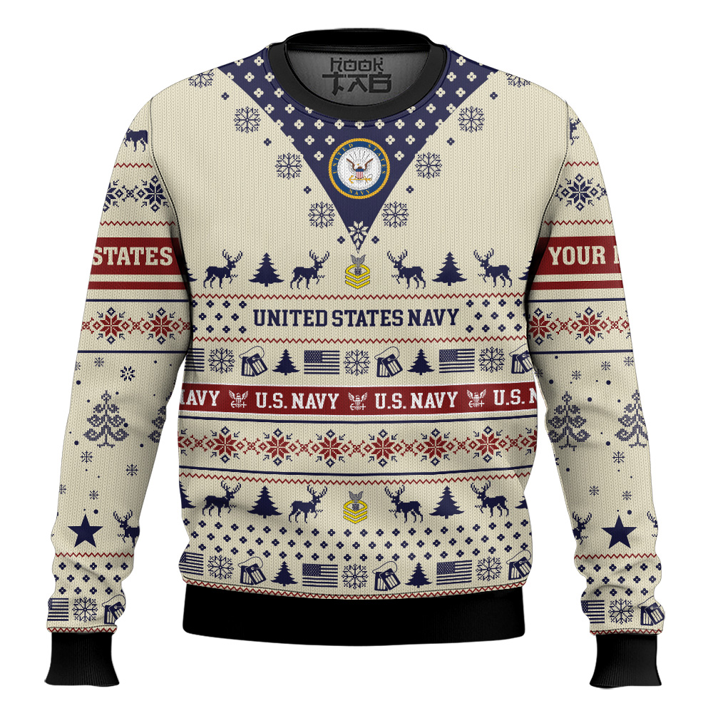 Hooktab US Navy Merry Christmas Brothers - Custom Name And Rank Ugly Sweater Hooktab US Navy Merry Christmas Brothers - Custom Name And Rank Ugly Sweater