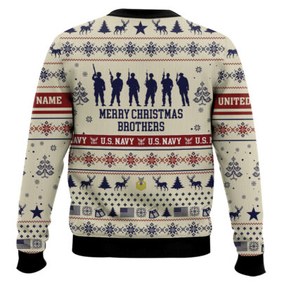 Hooktab US Navy Merry Christmas Brothers – Custom Name And Rank Ugly Sweater