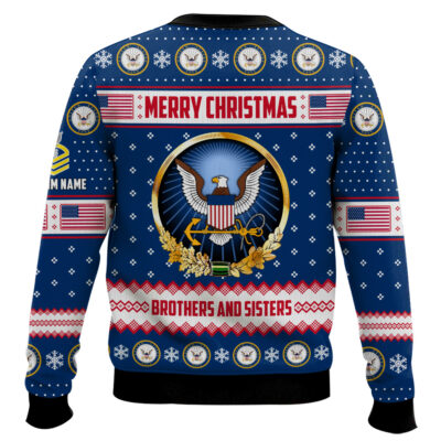 Hooktab US Navy Merry Christmas Brothers And Sisters – Custom Name And Rank Ugly Sweater