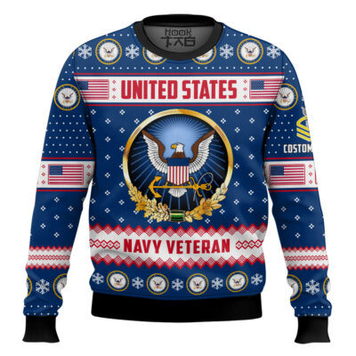 US Navy Merry Christmas Brothers And Sisters - Custom Name And Rank Ugly Sweater