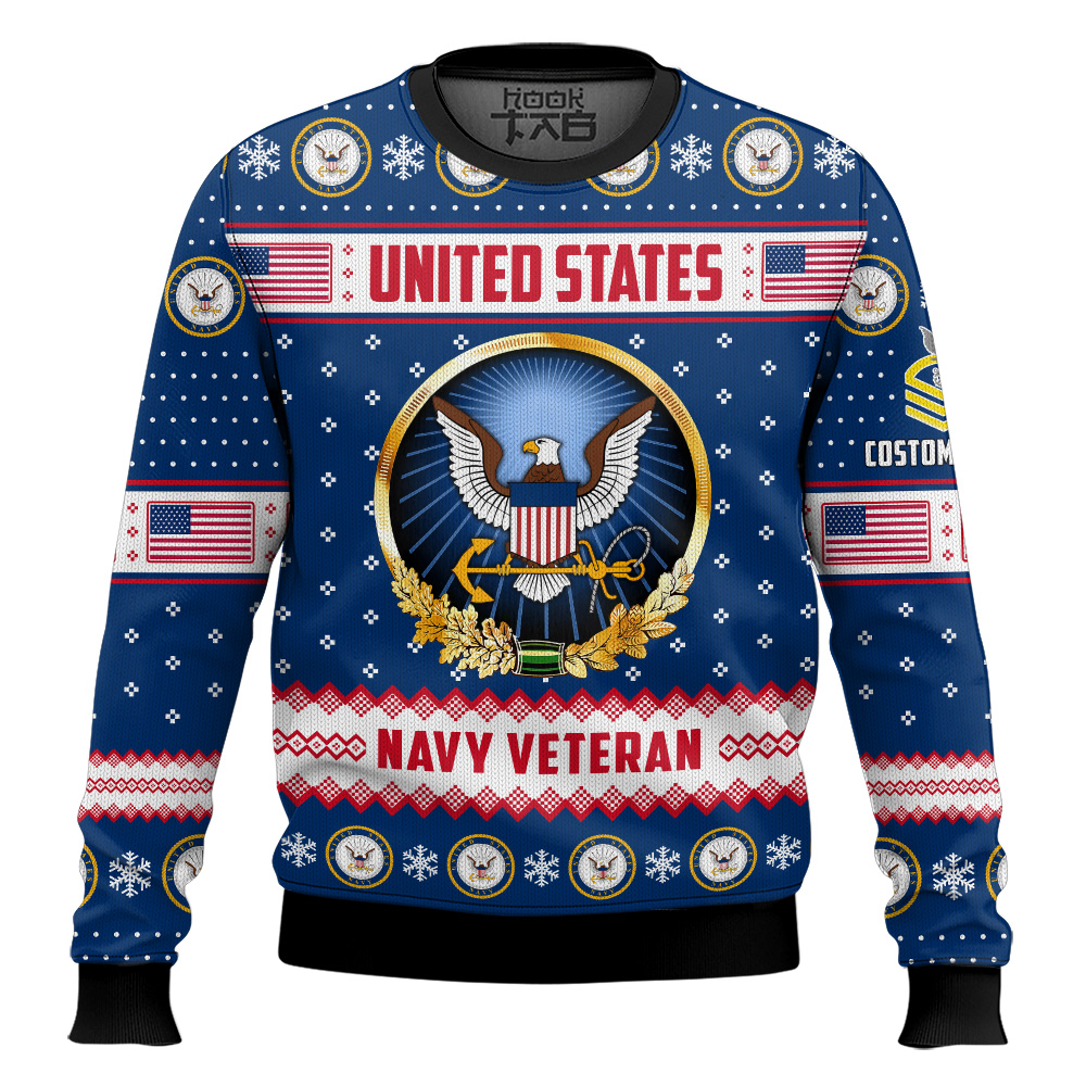 Hooktab US Navy Merry Christmas Brothers And Sisters - Custom Name And Rank Ugly Sweater Hooktab US Navy Merry Christmas Brothers And Sisters - Custom Name And Rank Ugly Sweater