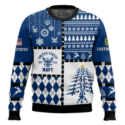 US Navy Merry Christmas Veteran - Custom Name And Rank Ugly Sweater