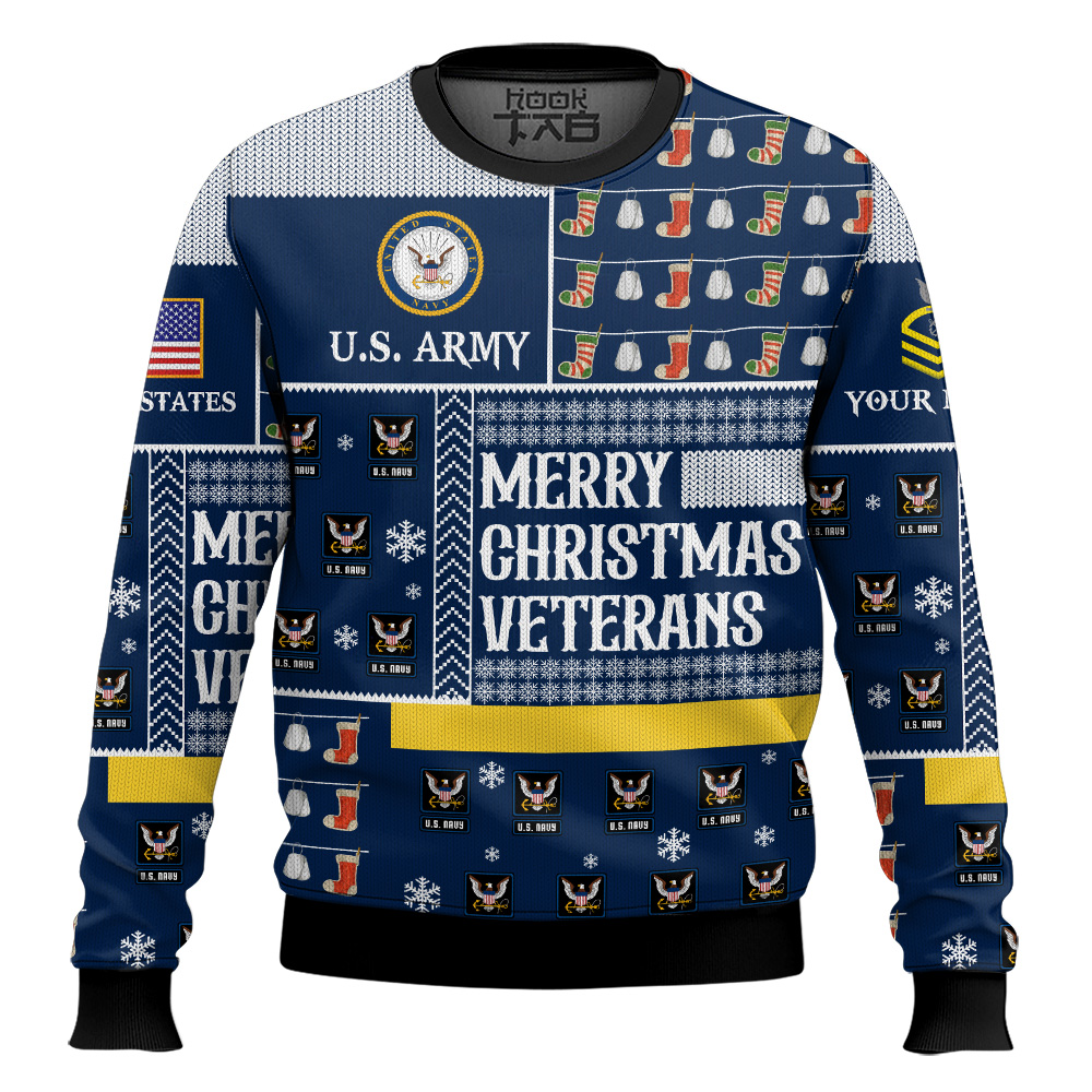 Hooktab US Navy Merry Christmas Veterans - Custom Name And Rank Ugly Sweater Hooktab US Navy Merry Christmas Veterans - Custom Name And Rank Ugly Sweater