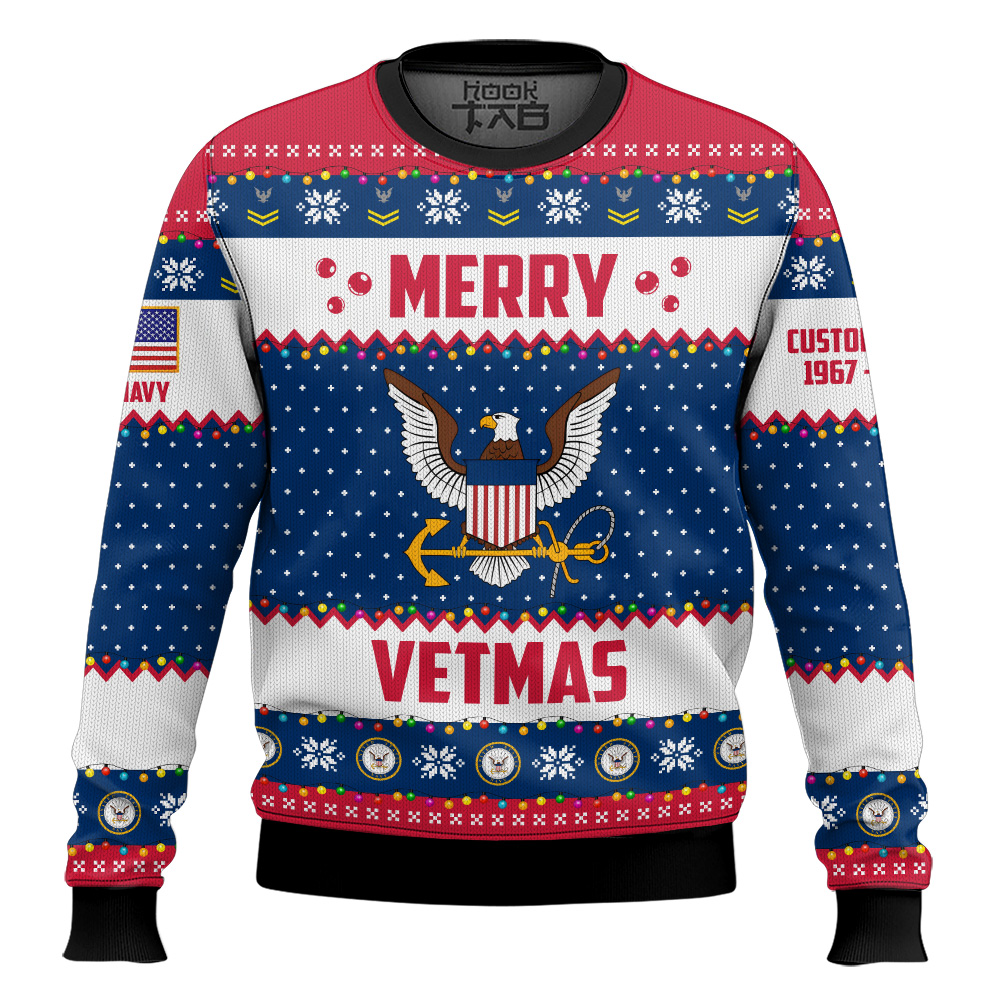 Hooktab US Navy Merry Vetmas - Custom Name And Years Of Service Ugly Sweater Hooktab US Navy Merry Vetmas - Custom Name And Years Of Service Ugly Sweater