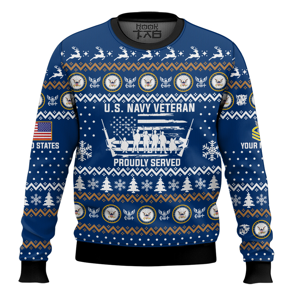Hooktab US Navy Merry Xmas Brothers And Sisters - Custom Name And Rank Ugly Sweater Hooktab US Navy Merry Xmas Brothers And Sisters - Custom Name And Rank Ugly Sweater