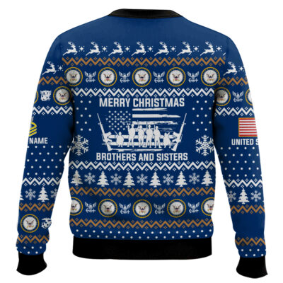 Hooktab US Navy Merry Xmas Brothers And Sisters – Custom Name And Rank Ugly Sweater