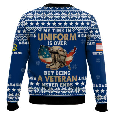 Hooktab US Navy My Time In Uniform Is Over But Being A Veteran Never Ends – Custom Name And Rank Ugly Sweater
