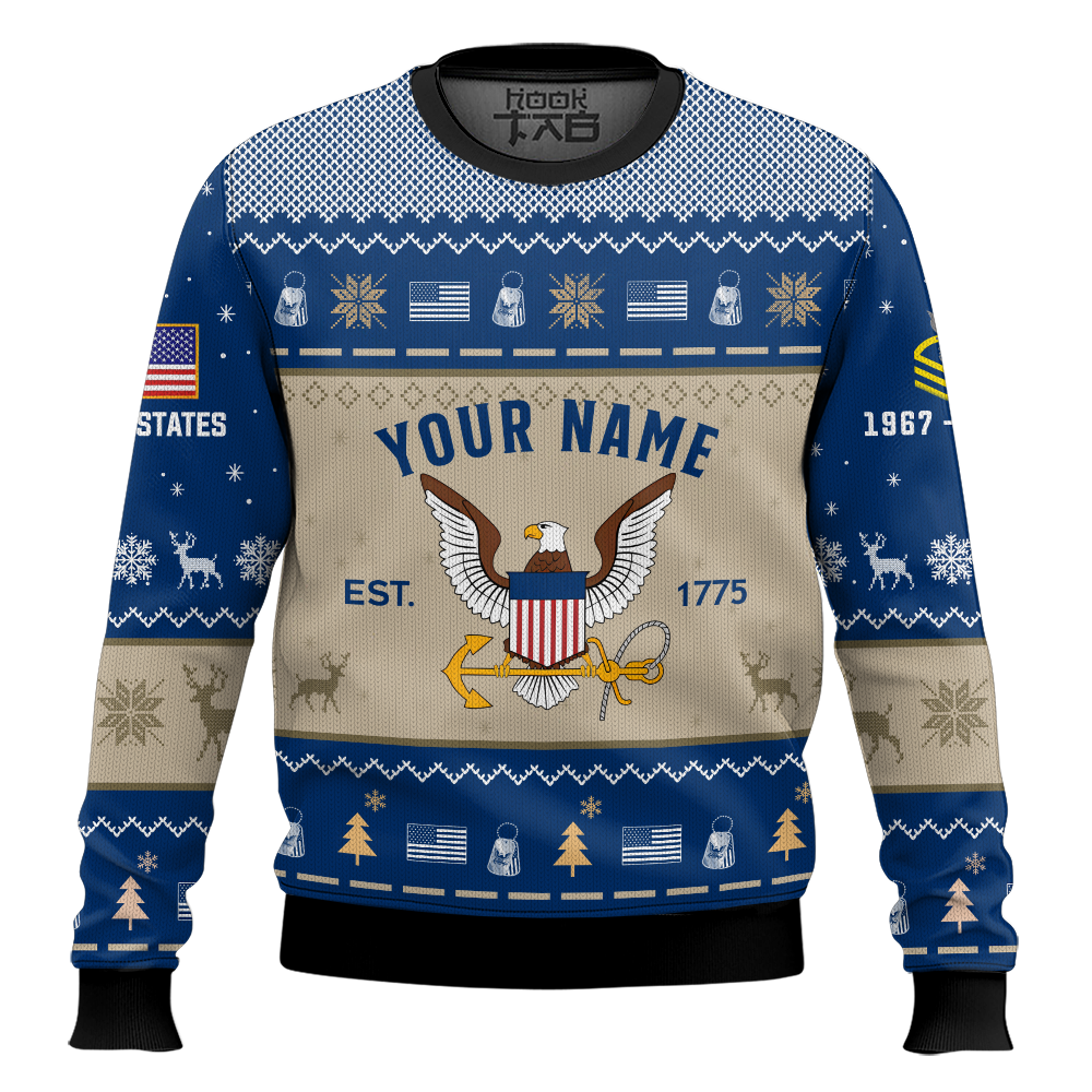 Hooktab US Navy Proud Motto - Custom Name, Rank And Years Of Service Ugly Sweater Hooktab US Navy Proud Motto - Custom Name, Rank And Years Of Service Ugly Sweater