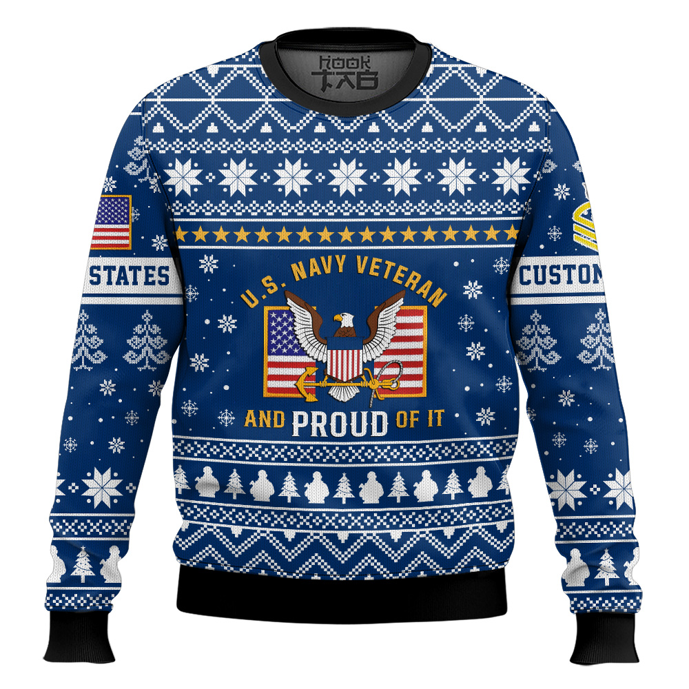 Hooktab US Navy Proud Veteran - Custom Name And Rank Ugly Sweater Hooktab US Navy Proud Veteran - Custom Name And Rank Ugly Sweater