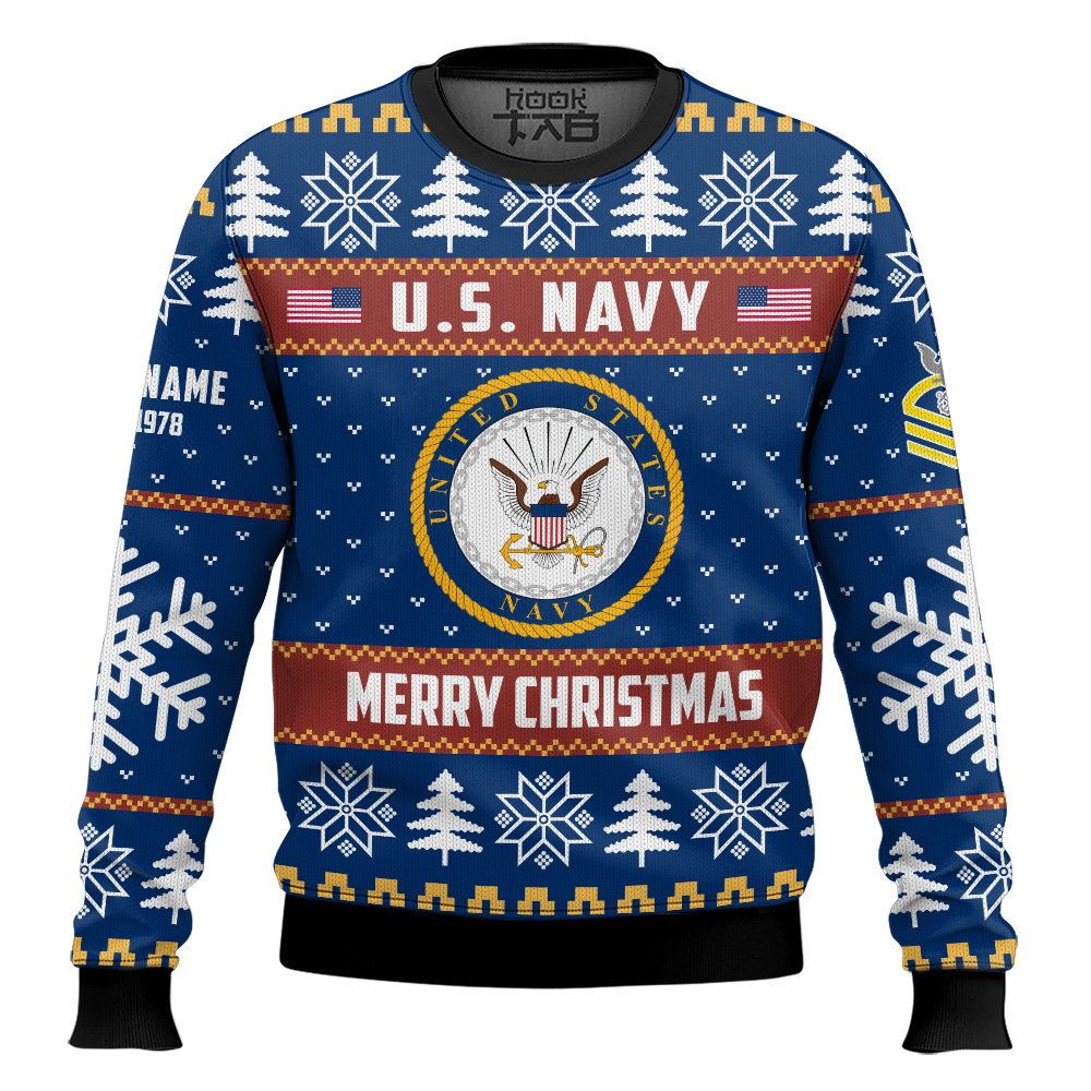 Hooktab US Navy Proud Veteran - Custom Name, Rank And Years Of Service Ugly Sweater Hooktab US Navy Proud Veteran - Custom Name, Rank And Years Of Service Ugly Sweater