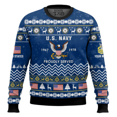 US Navy Proudly Served Veteran - Custom Name, Rank And Years Of Service Ugly Sweater