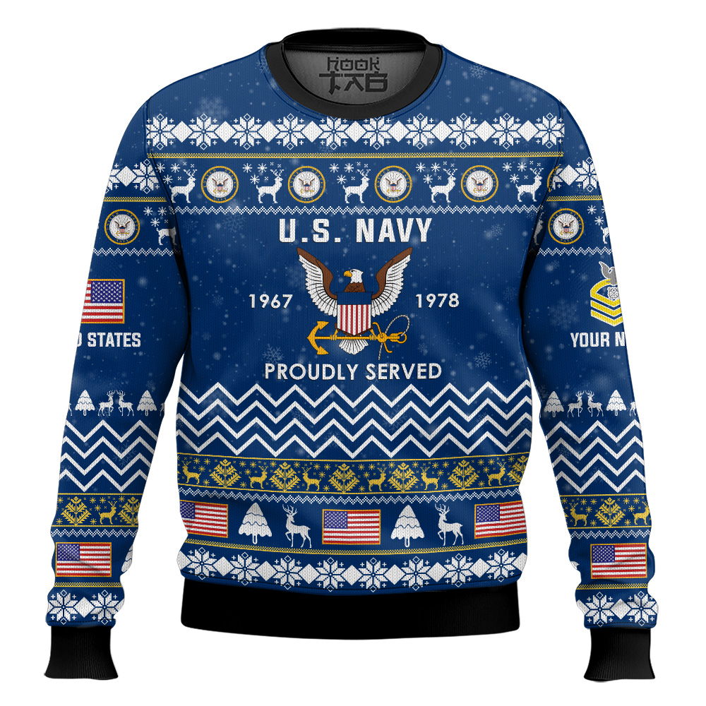 Hooktab US Navy Proudly Served Veteran - Custom Name, Rank And Years Of Service Ugly Sweater Hooktab US Navy Proudly Served Veteran - Custom Name, Rank And Years Of Service Ugly Sweater