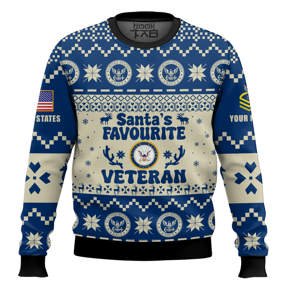 Hooktab US Navy Santa's Favourite Veterans - Custom Name And Rank Ugly Sweater Hooktab US Navy Santa's Favourite Veterans - Custom Name And Rank Ugly Sweater