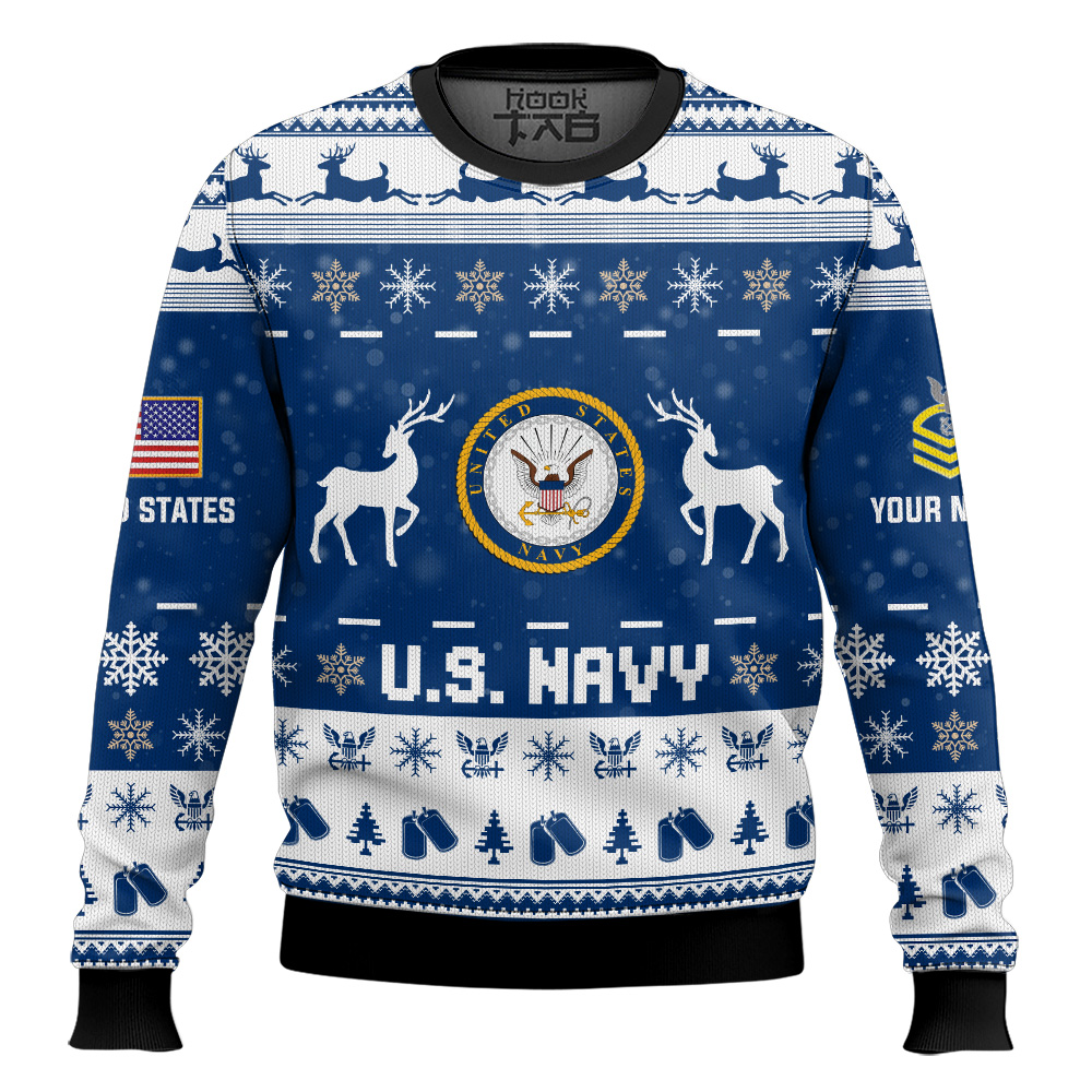 Hooktab US Navy This Christmas R.E.D - Custom Name And Rank Ugly Sweater Hooktab US Navy This Christmas R.E.D - Custom Name And Rank Ugly Sweater
