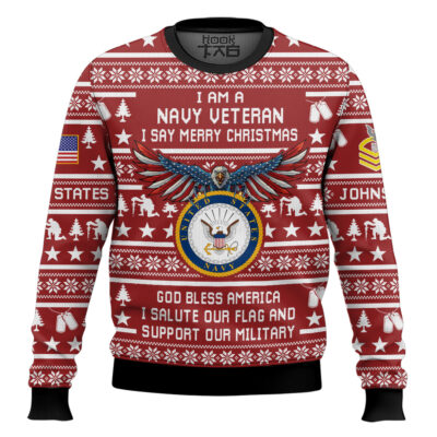 US Navy Veteran Merry Christmas - Custom Name And Rank Ugly Sweater