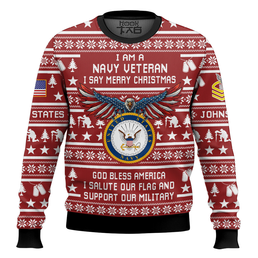 Hooktab US Navy Veteran Merry Christmas - Custom Name And Rank Ugly Sweater Hooktab US Navy Veteran Merry Christmas - Custom Name And Rank Ugly Sweater