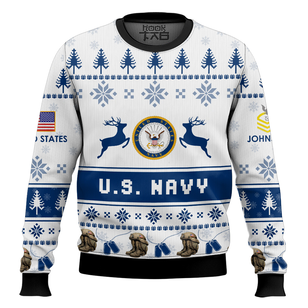 Hooktab US Navy Veteran Proudly Served - Custom Name And Rank Ugly Sweater Hooktab US Navy Veteran Proudly Served - Custom Name And Rank Ugly Sweater