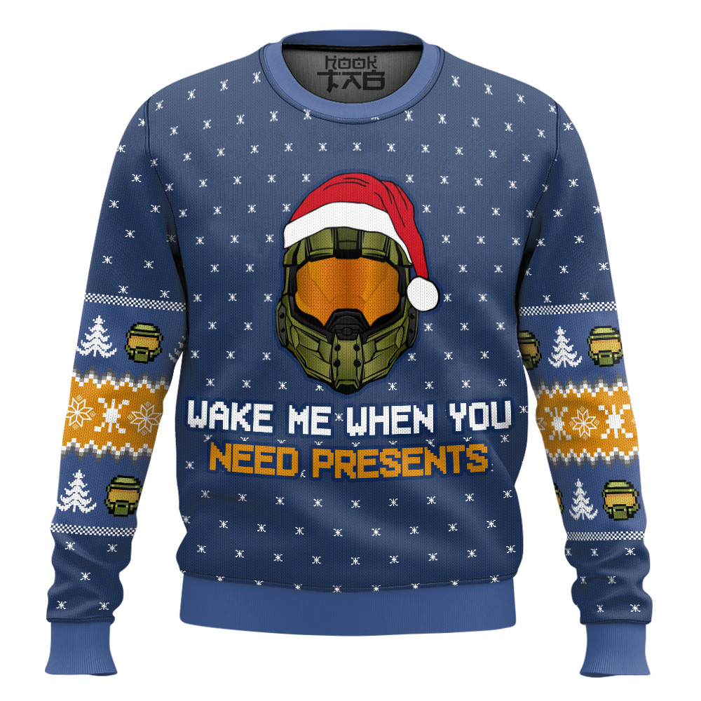 Hooktab Wake Me When You Need Presents Halo Ugly Christmas Sweater Hooktab Wake Me When You Need Presents Halo Ugly Christmas Sweater