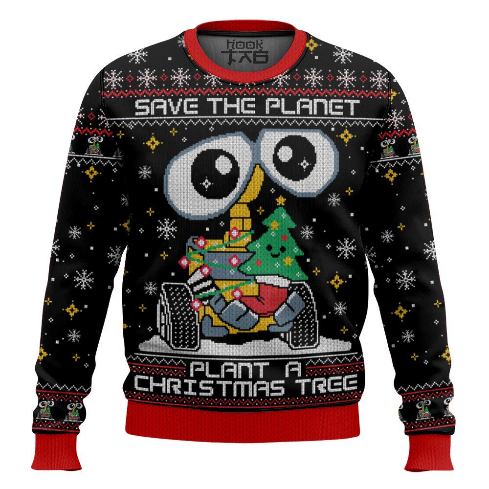 Hooktab Wall-e Save The Planet Plant A Christmas Tree Ugly Christmas Sweater Hooktab Wall-e Save The Planet Plant A Christmas Tree Ugly Christmas Sweater