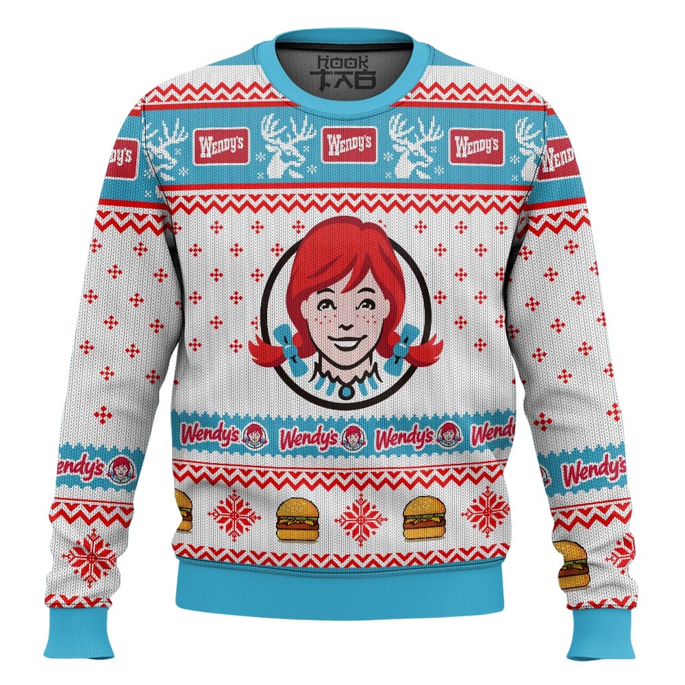 Hooktab Wendy's Old Fashioned Hamburger Ugly Christmas Sweater Hooktab Wendy's Old Fashioned Hamburger Ugly Christmas Sweater