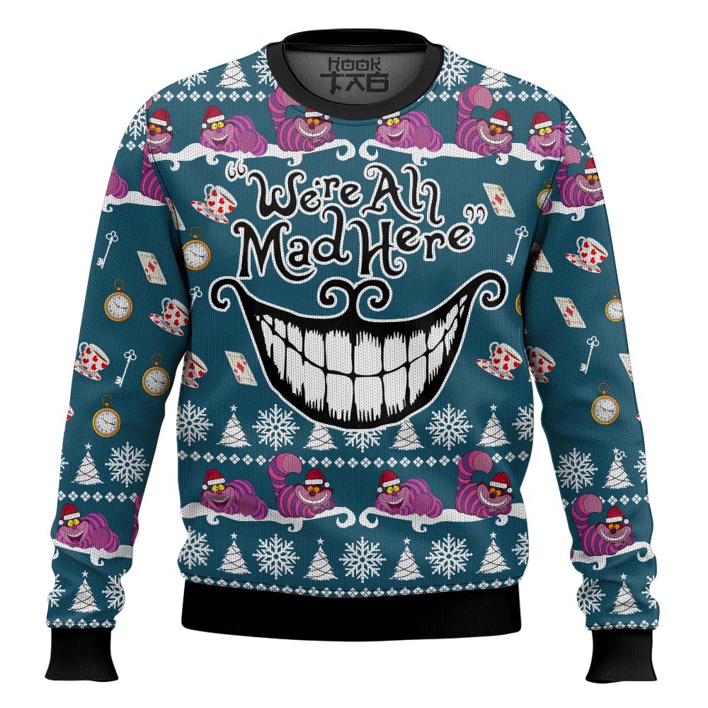Hooktab We're All Mad Here Alice In Wonderland Ugly Christmas Sweater Hooktab We're All Mad Here Alice In Wonderland Ugly Christmas Sweater