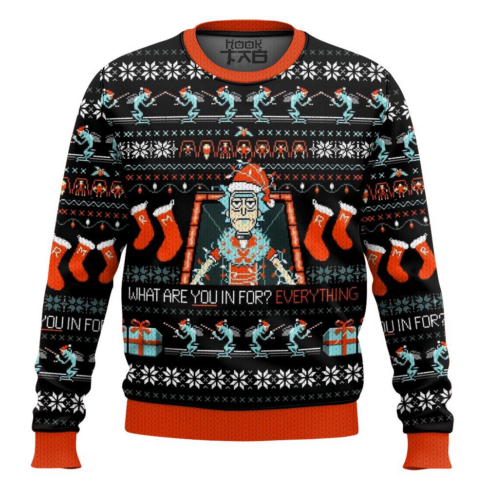 Hooktab What Are You In For? Everything Rick And Morty Ugly Christmas Sweater Hooktab What Are You In For? Everything Rick And Morty Ugly Christmas Sweater