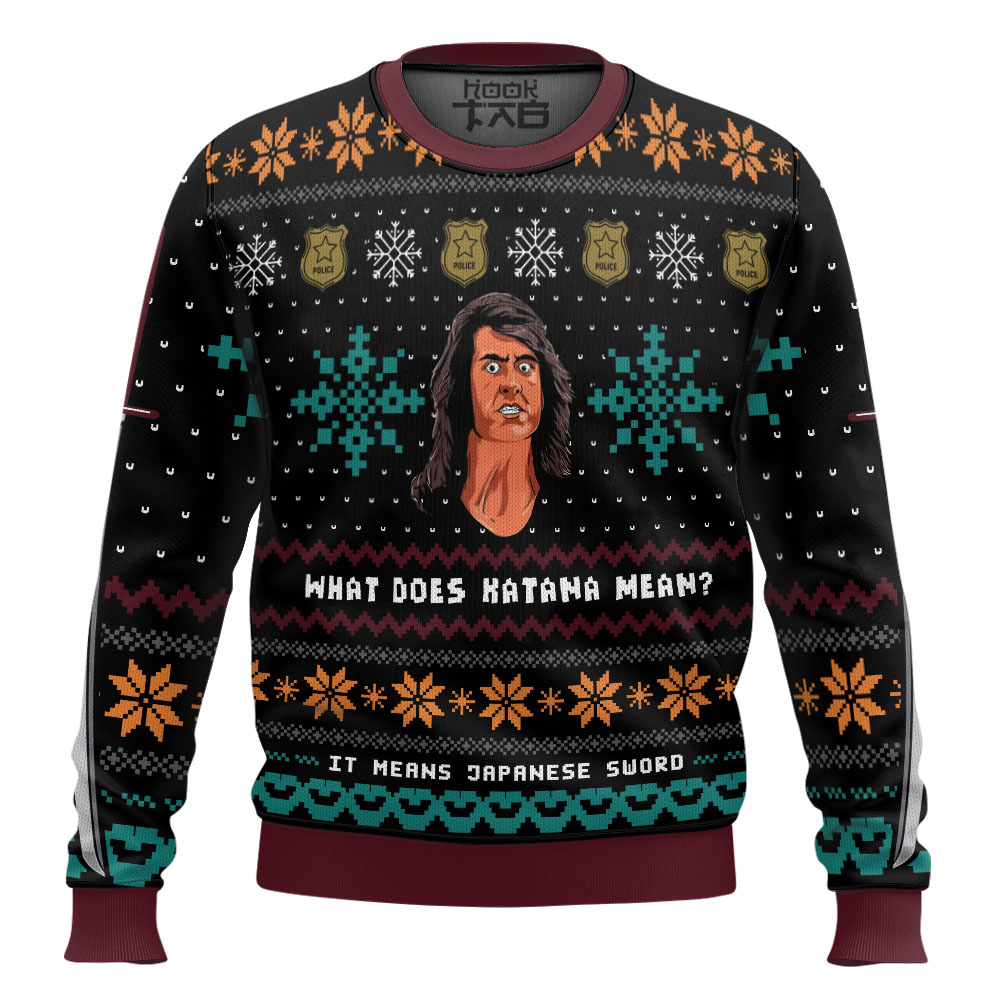 Hooktab What Does Katana Mean? Samurai Cop Ugly Christmas Sweater Hooktab What Does Katana Mean? Samurai Cop Ugly Christmas Sweater