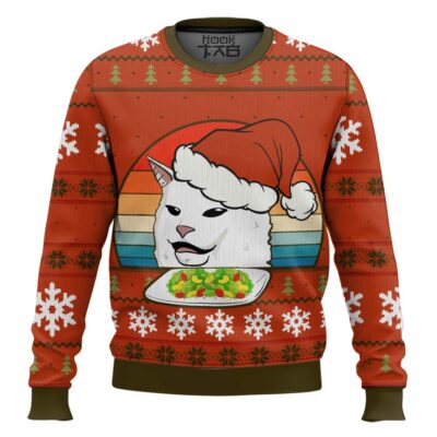 White Cat Eating Salad Meme Ugly Christmas Sweater