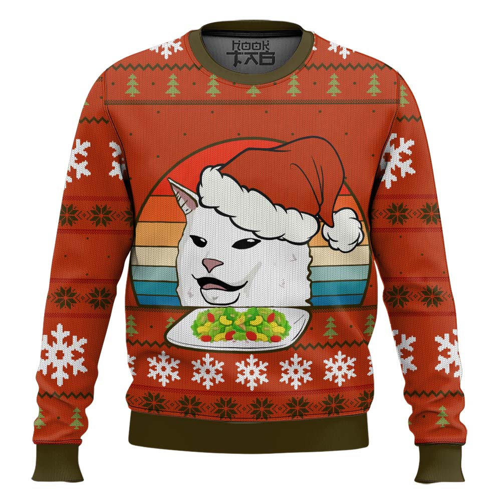 Hooktab White Cat Eating Salad Meme Ugly Christmas Sweater Hooktab White Cat Eating Salad Meme Ugly Christmas Sweater