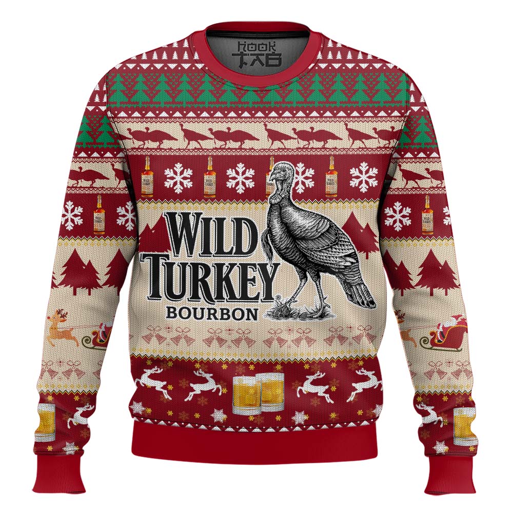 Hooktab Wild Turkey Bourbon Whiskey Ugly Christmas Sweater Hooktab Wild Turkey Bourbon Whiskey Ugly Christmas Sweater