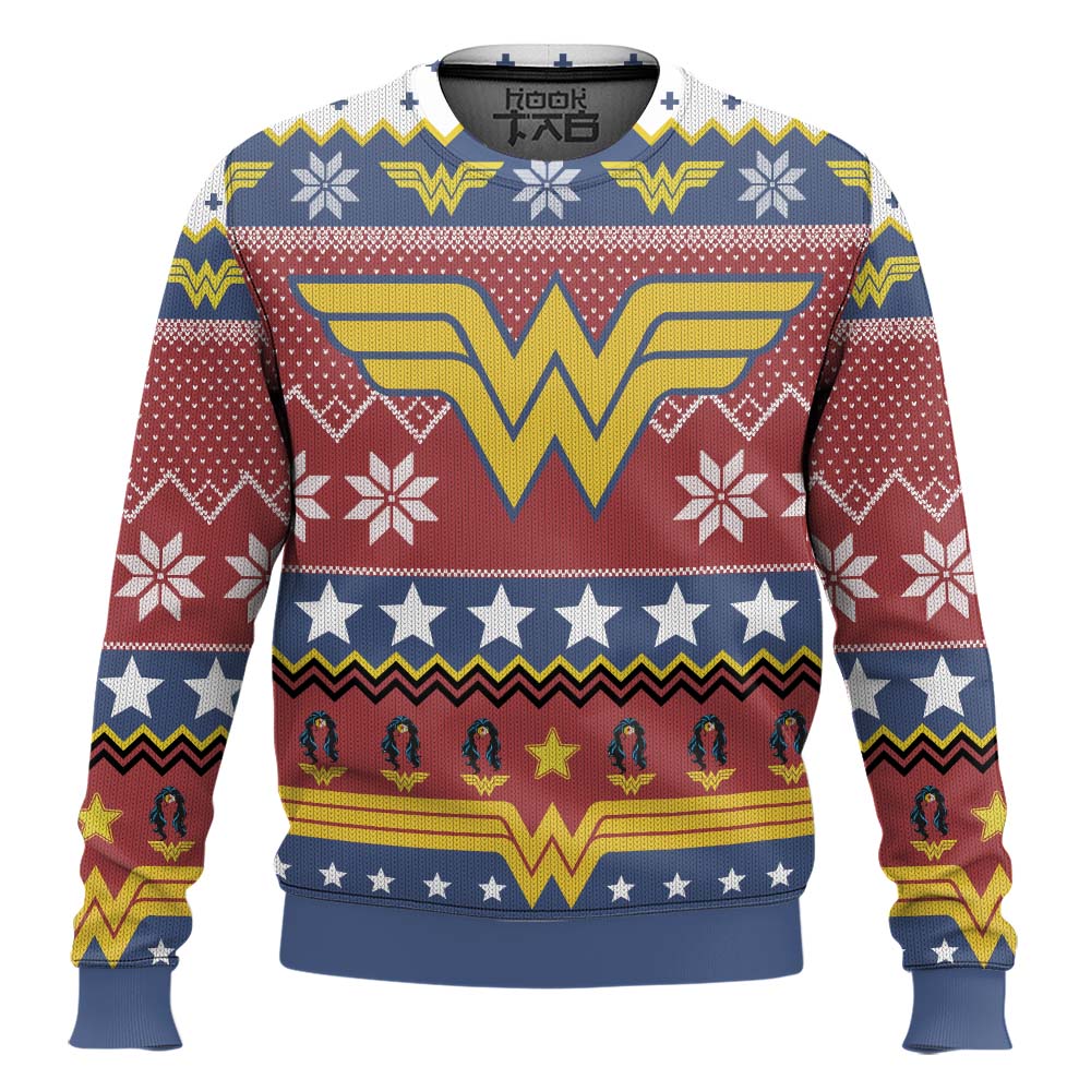 Hooktab Wonder Woman Logo Ugly Christmas Sweater Hooktab Wonder Woman Logo Ugly Christmas Sweater