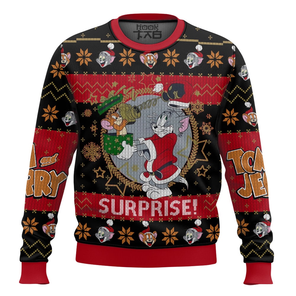Hooktab Xmas Surprise! Tom And Jerry Ugly Christmas Sweater Hooktab Xmas Surprise! Tom And Jerry Ugly Christmas Sweater