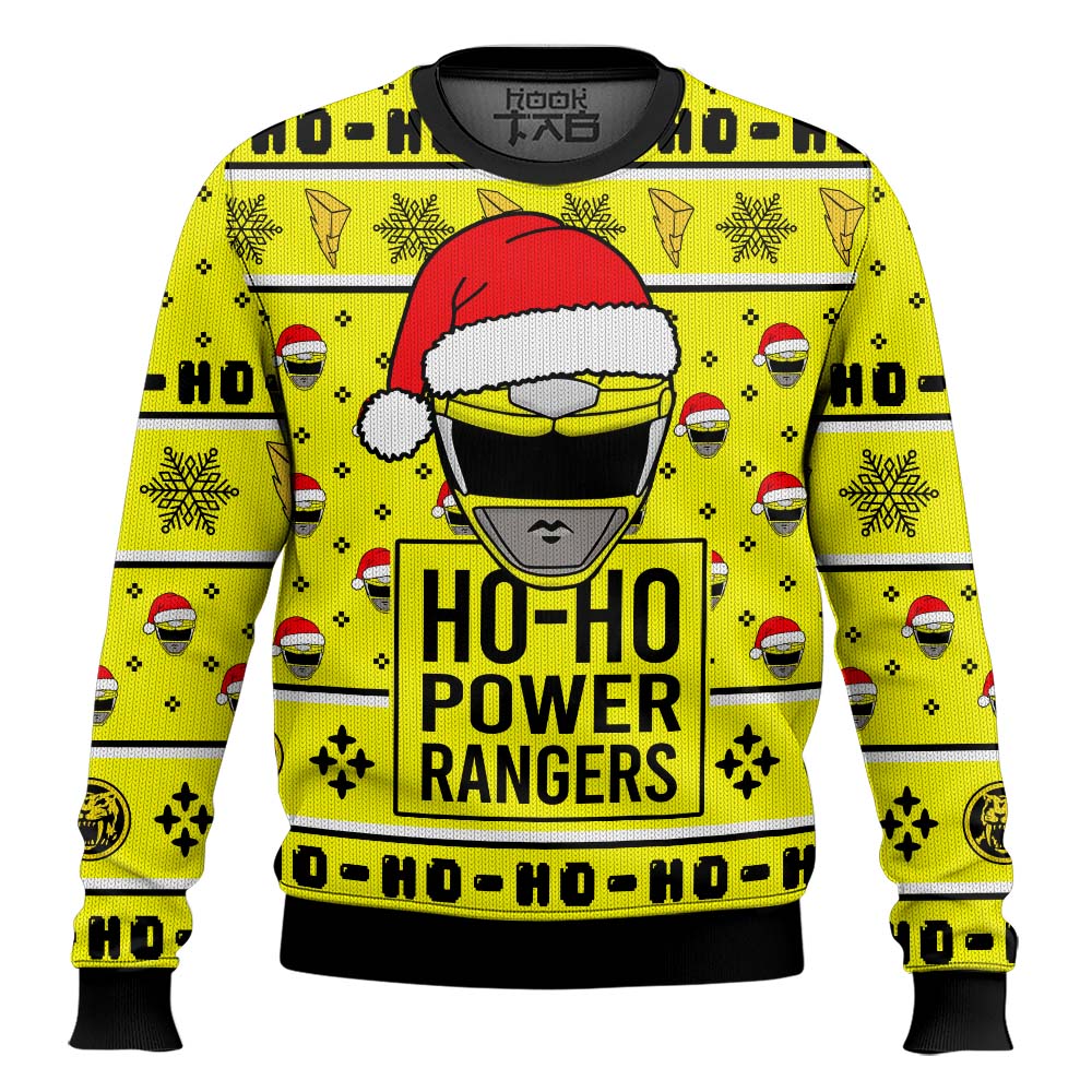 Hooktab Yellow Ranger Ho-ho Power Rangers Ugly Christmas Sweater Hooktab Yellow Ranger Ho-ho Power Rangers Ugly Christmas Sweater
