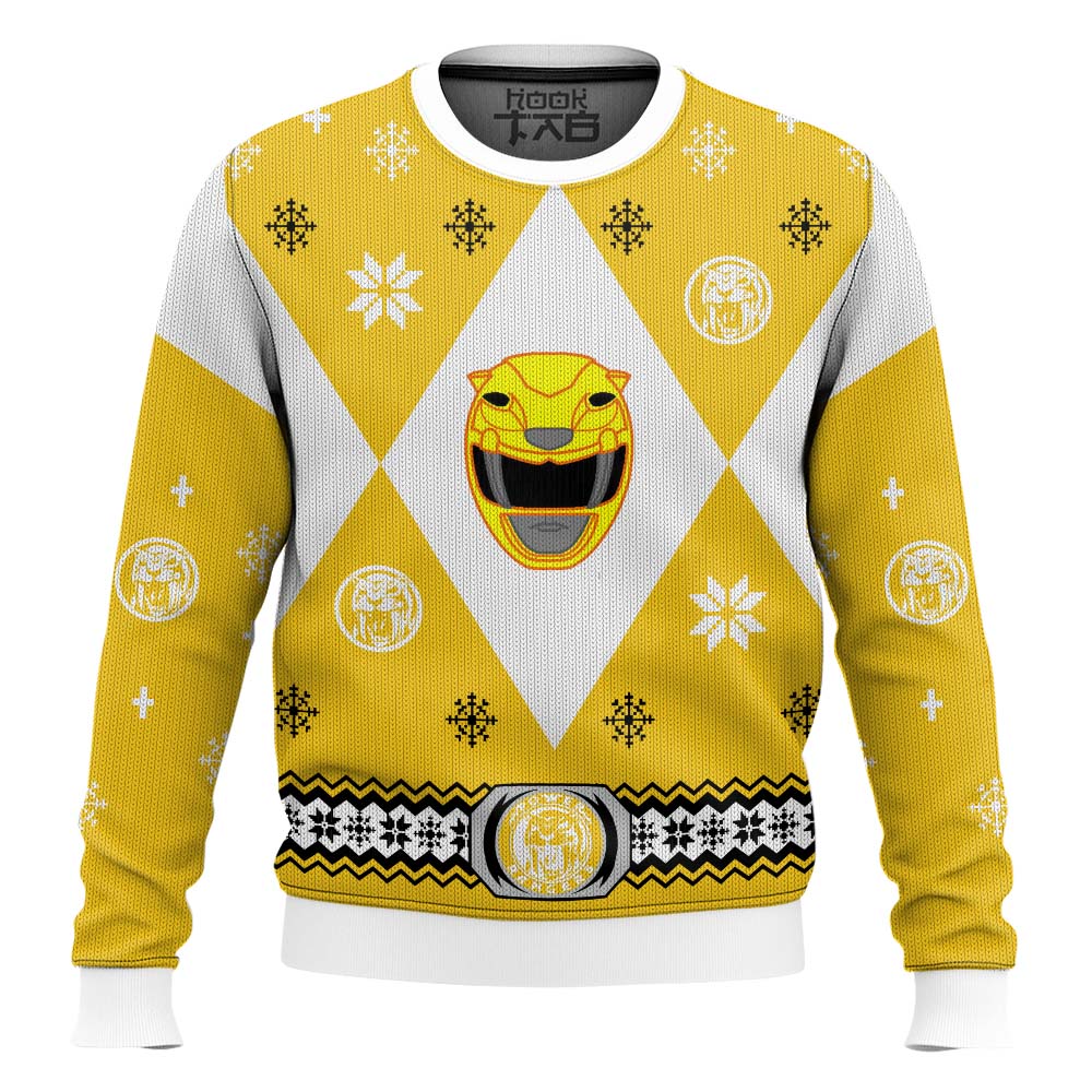 Hooktab Yellow Ranger Mighty Morphin Power Ranger Ugly Christmas Sweater Hooktab Yellow Ranger Mighty Morphin Power Ranger Ugly Christmas Sweater