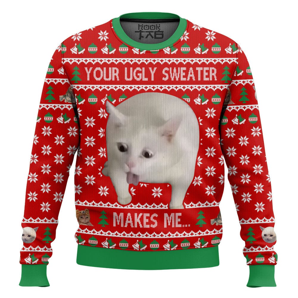 Hooktab Your Makes Me... Cat Vomit Meme Ugly Christmas Sweater Hooktab Your Makes Me... Cat Vomit Meme Ugly Christmas Sweater