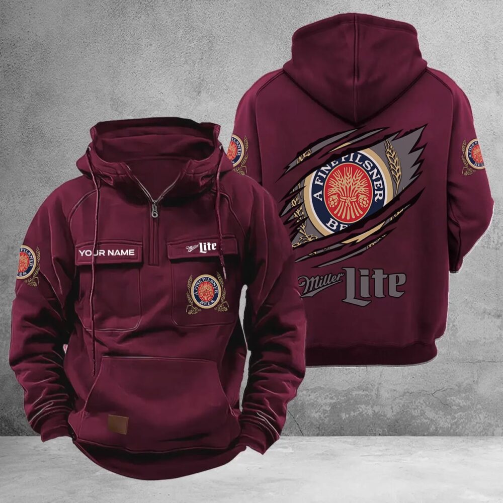 Personalized Miller Lite Multi-Pockets Zip-Up Hoodie Personalized Miller Lite Multi-Pockets Zip-Up Hoodie
