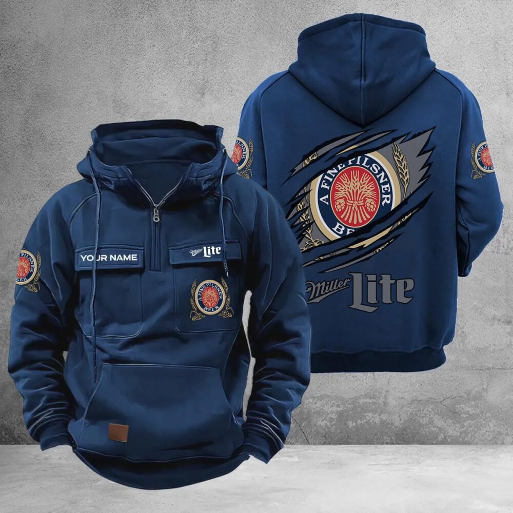 Personalized Miller Lite Multi-Pockets Zip-Up Hoodie Personalized Miller Lite Multi-Pockets Zip-Up Hoodie