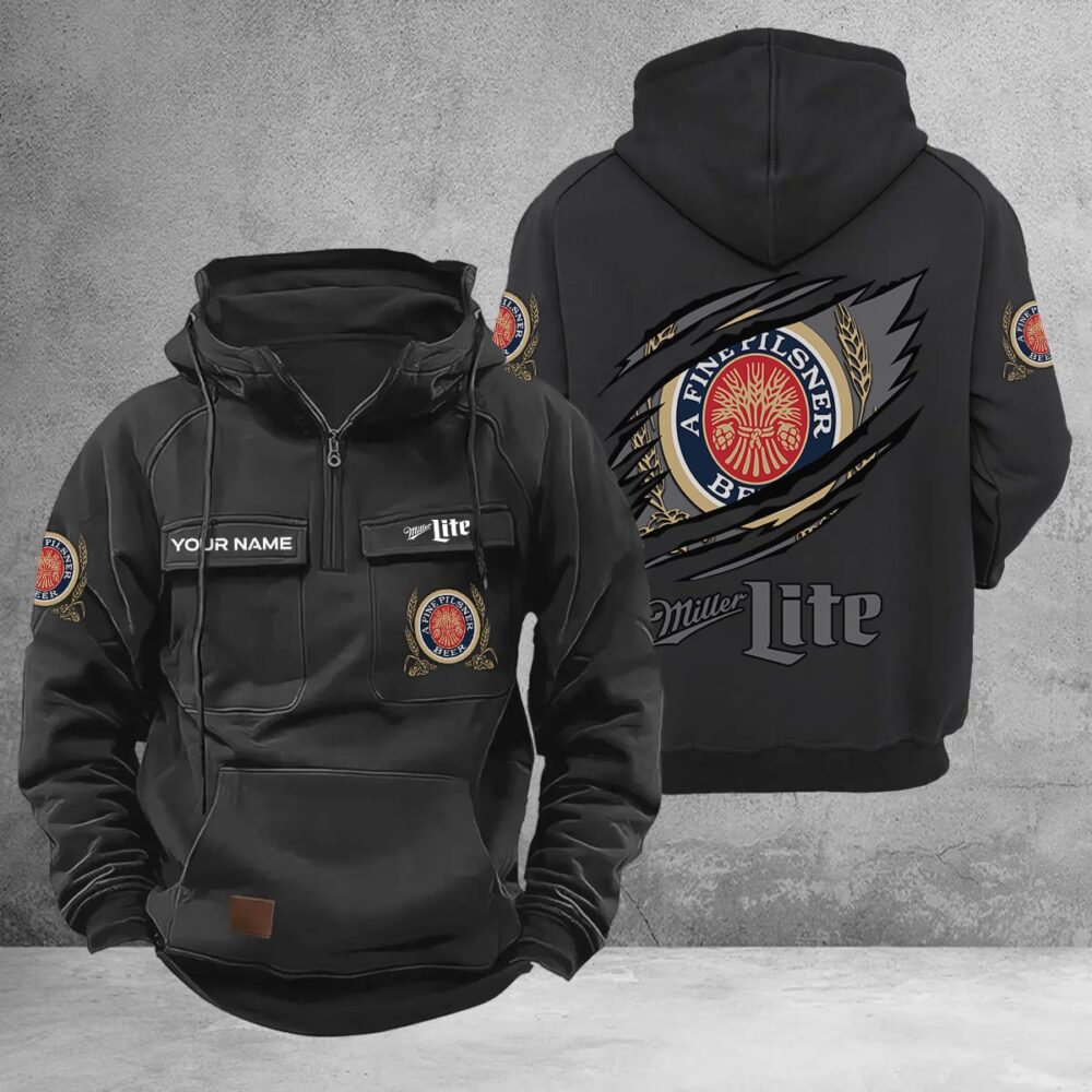 Personalized Miller Lite Multi-Pockets Zip-Up Hoodie Personalized Miller Lite Multi-Pockets Zip-Up Hoodie