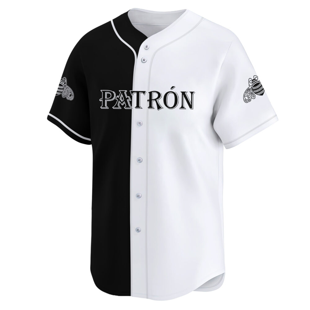 Personalized Split Patron Tequila Black And White Baseball Jersey Personalized Split Patron Tequila Black And White Baseball Jersey